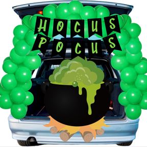 BLOSSSOUND 102 PCS HALLOWEEN WITCH TRUNK OR TREAT CAR DECORATION KIT LARGE HALLOWEEN WITCHES POISON POT BACKDROP WITCH BANNER GREE
