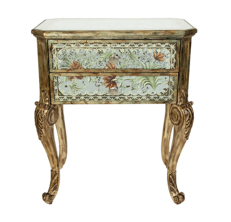 A Venetian Style Eglomise Glass Two Drawer Cabinet
Height 28 3/4 x width 24 1/4 x depth 15 inches.