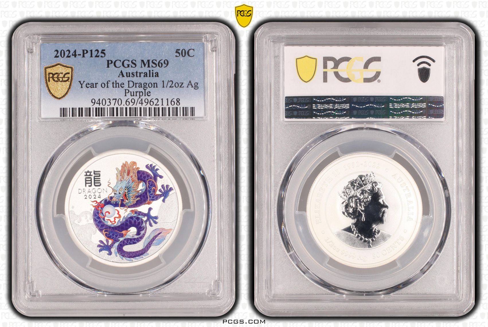 Year of the Dragon 1/2oz Ag Purple , Fifty Cent, 2024-P125, PCGS MS69