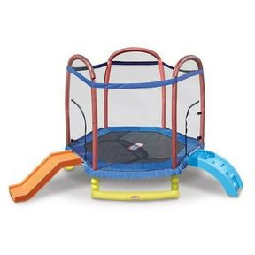 7' LITTLE TIKES CLIMB 'N SLIDE 7' TRAMPOLINE WITH ENCLOSURE, HEXAGON, INDOOR OUTDOOR BACKYARD PLAY, BLUE- FOR KIDS BOYS GIRLS AGES