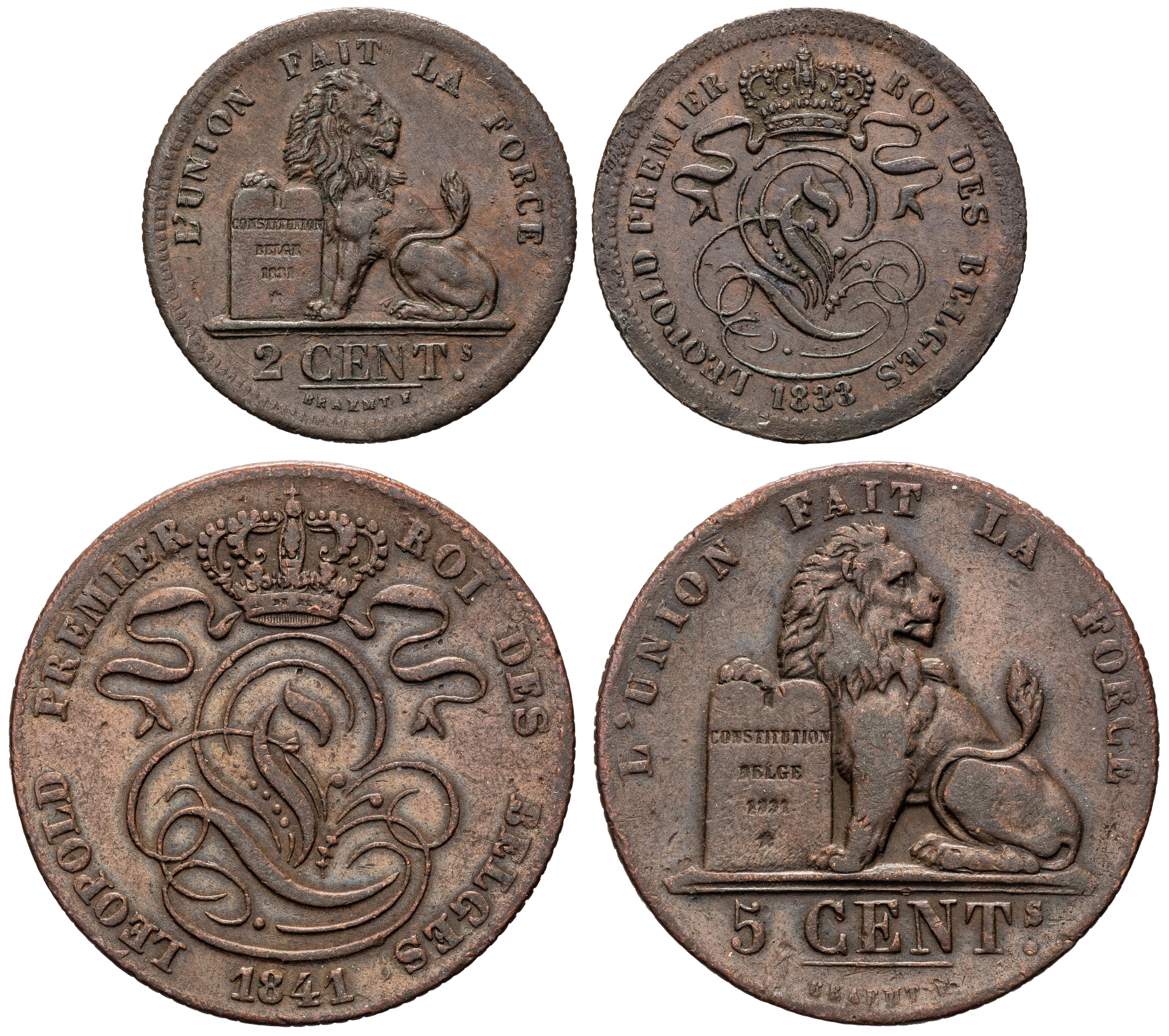 Belgium, Leopold I, Two Centimes - Five Centimes, 1833 - 1841, aVF - EF