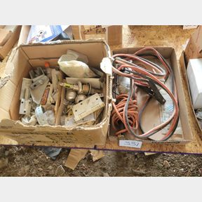 2 Boxes of jumper cables, light and door stops and other hardware