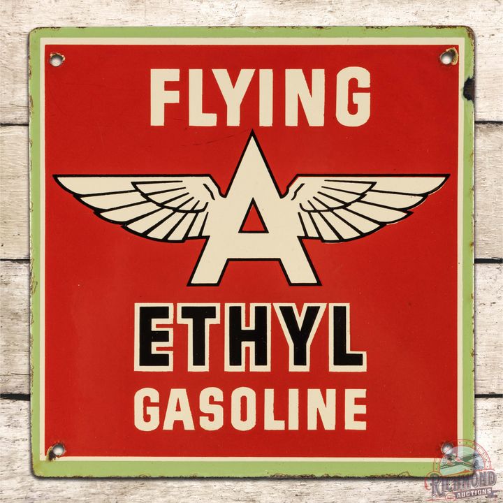Superb Flying A Ethyl Gasoline Single Sided Porcelain Pump Plate Sign w/ Logo