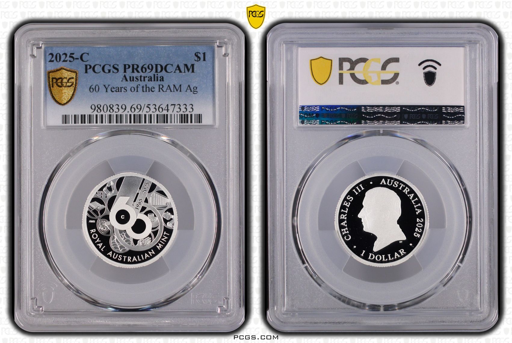 60 Years of the RAM Silver, One Dollar, 2025-C, PCGS PR69DCAM