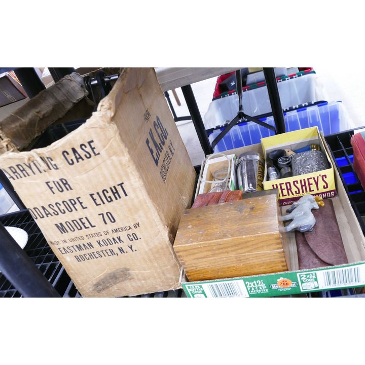 Box Old Desk Items and Projector