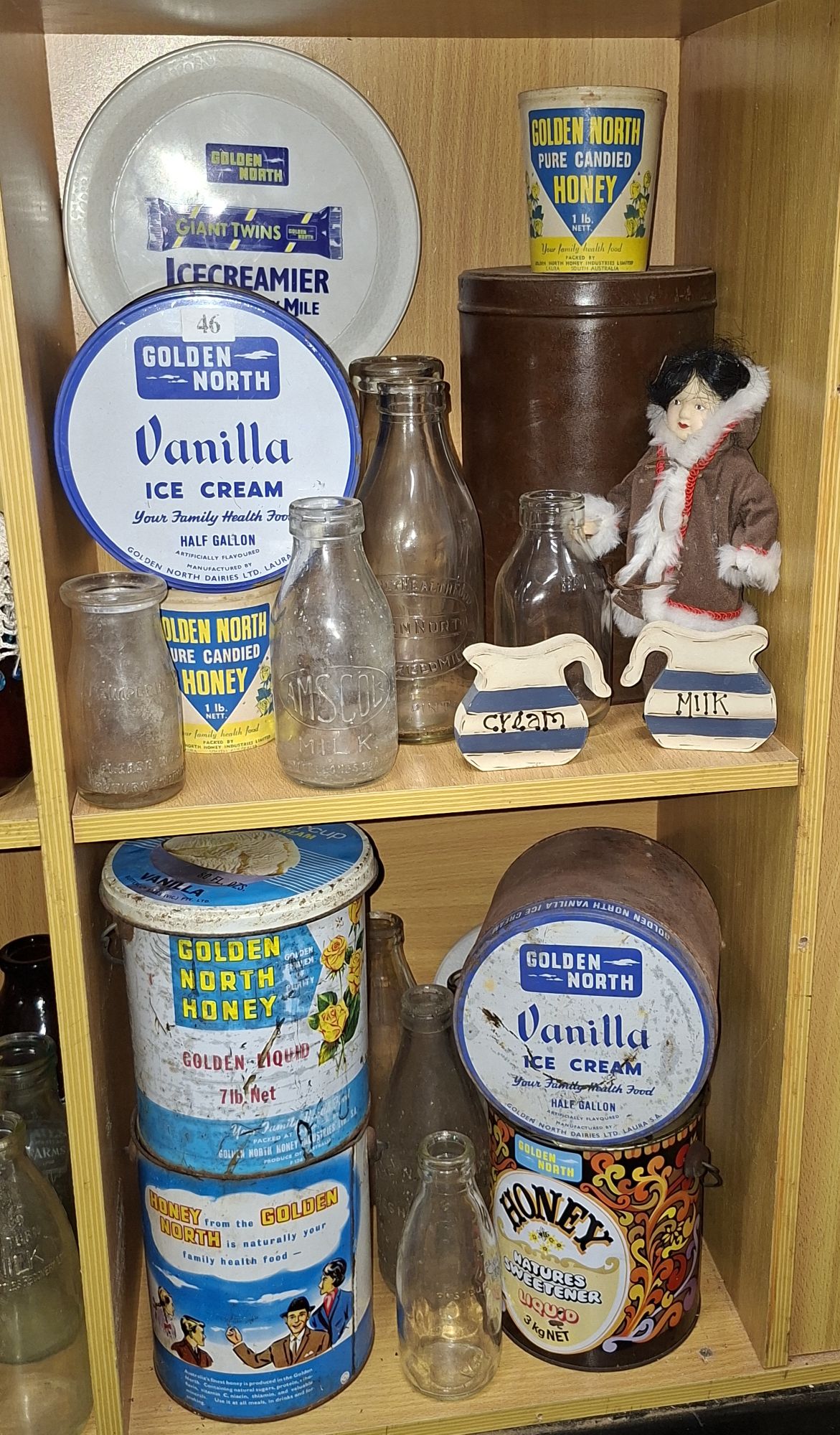 46 · GLASS BOTTLES, ICE CREAM TINS ETC