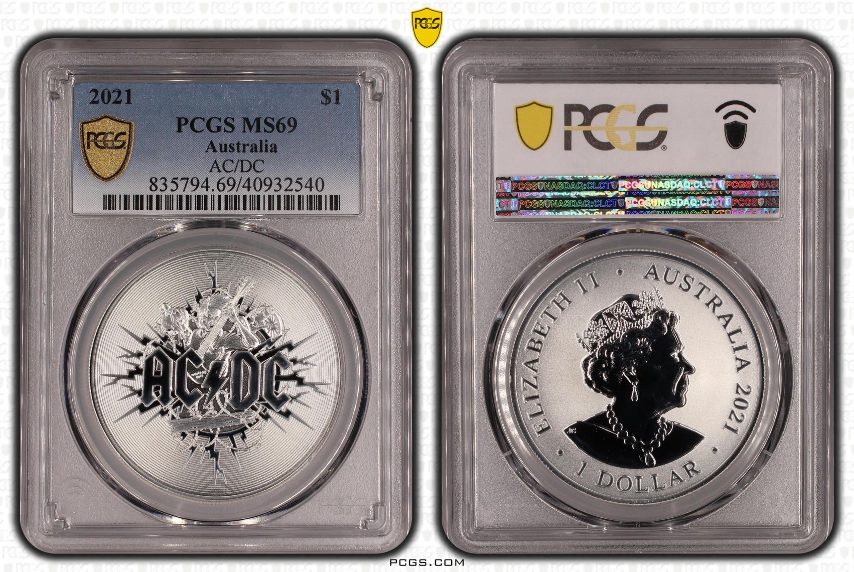 AC/DC - Frosted Uncirculated, One Dollar, 2021, PCGS MS 69