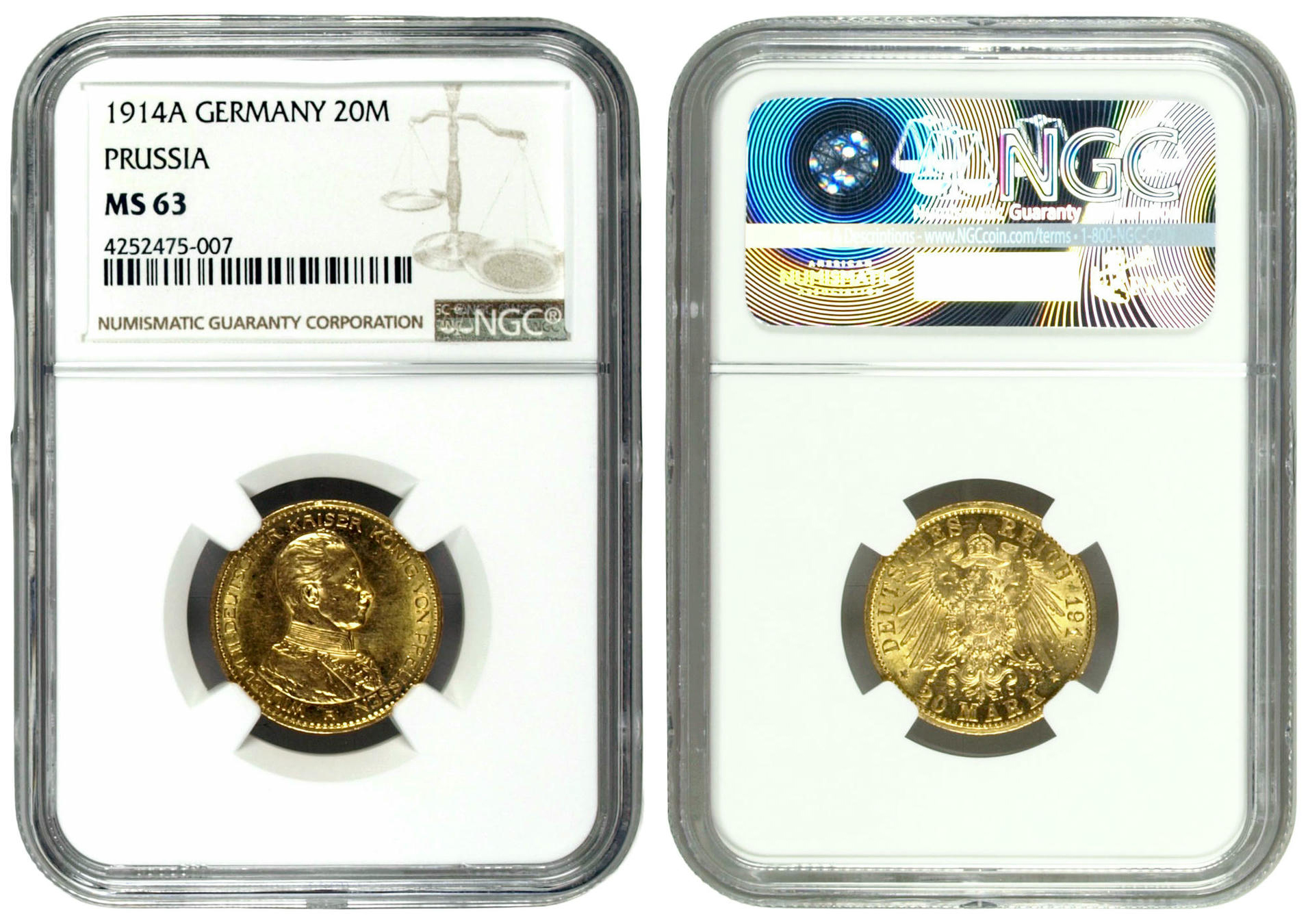 107 · German States, Friedrich Wilhelm II, Prussia, Twenty Marks, 1914-A, NGC MS63