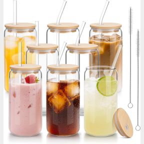 8 PACK 16 OZ GLASS CUPS WITH LIDS AND STRAWS,ICED COFFEE CUP,GLASS BEER CUPS WITH BAMBOO LIDS AND STRAWS,CAN SHAPED GLASS CUPS,GLA