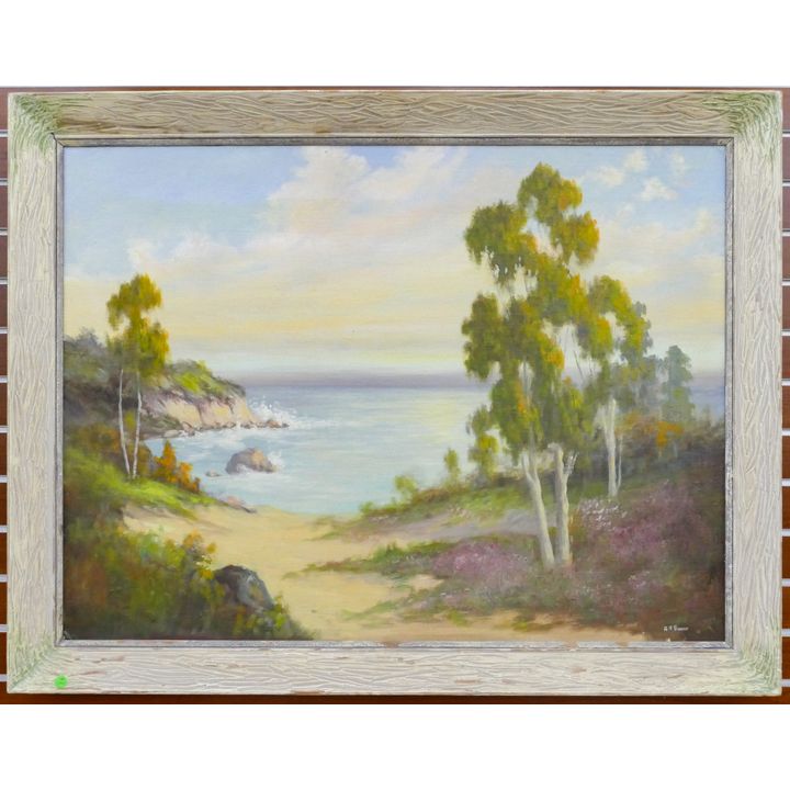Vintage California Impressionist Coastal Landscape Oil Framed 35''x45''