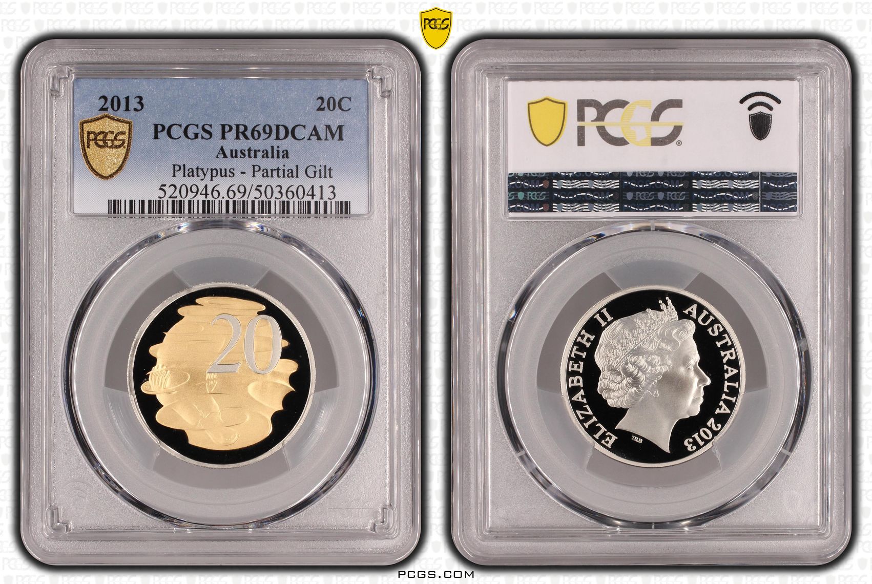 Platypus - Partial Gilt , Twenty Cent, 2013, PCGS PR69DCAM