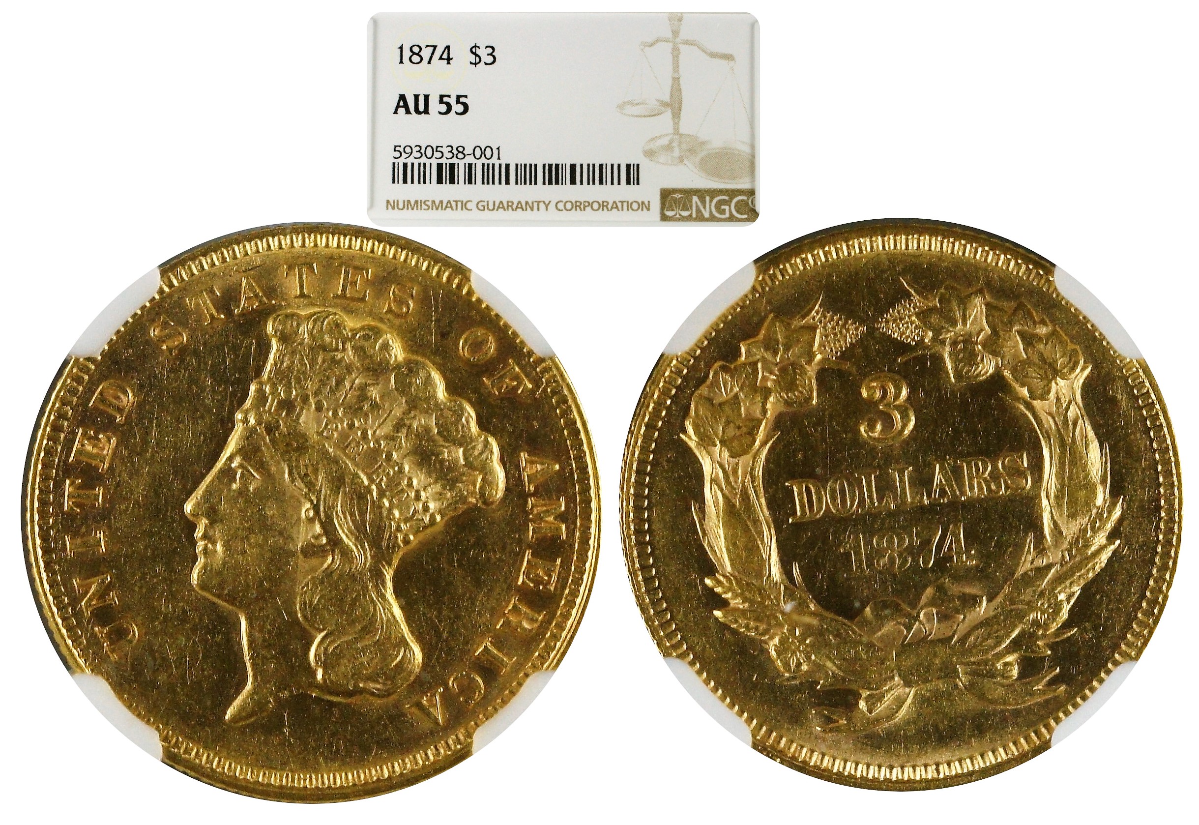 USA 1875 Gold $3 NGC AU55 - Low Mintage
