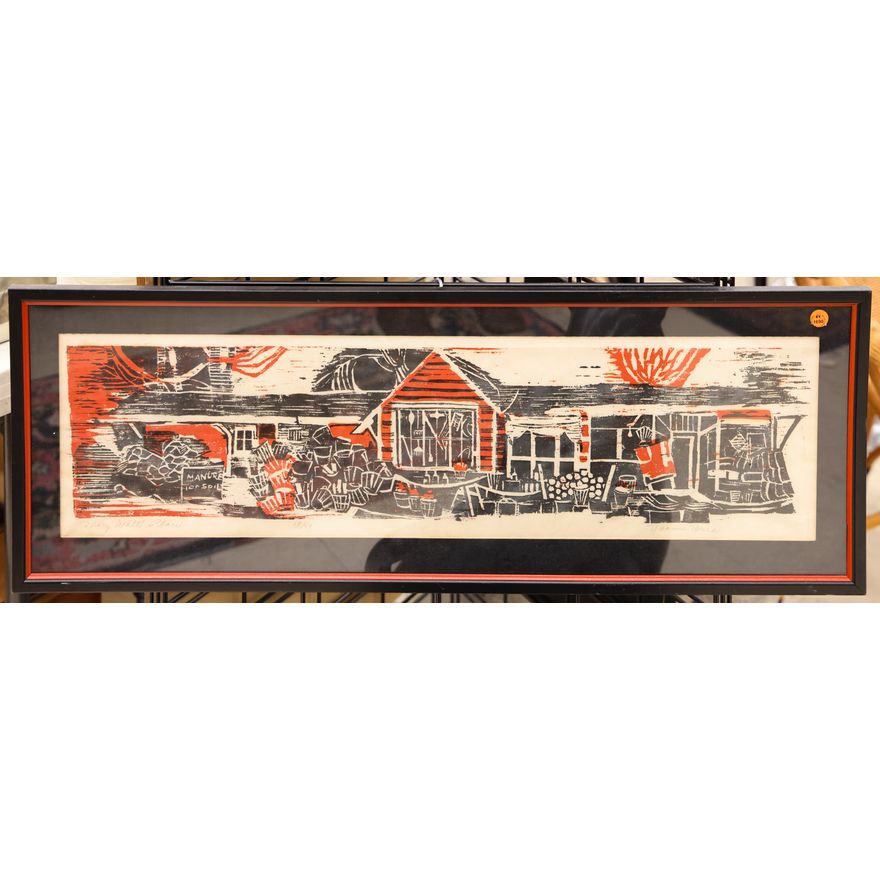 Yvonne Burk ''Mary Watts' Place'' S/N Woodcut Framed 13''x36''