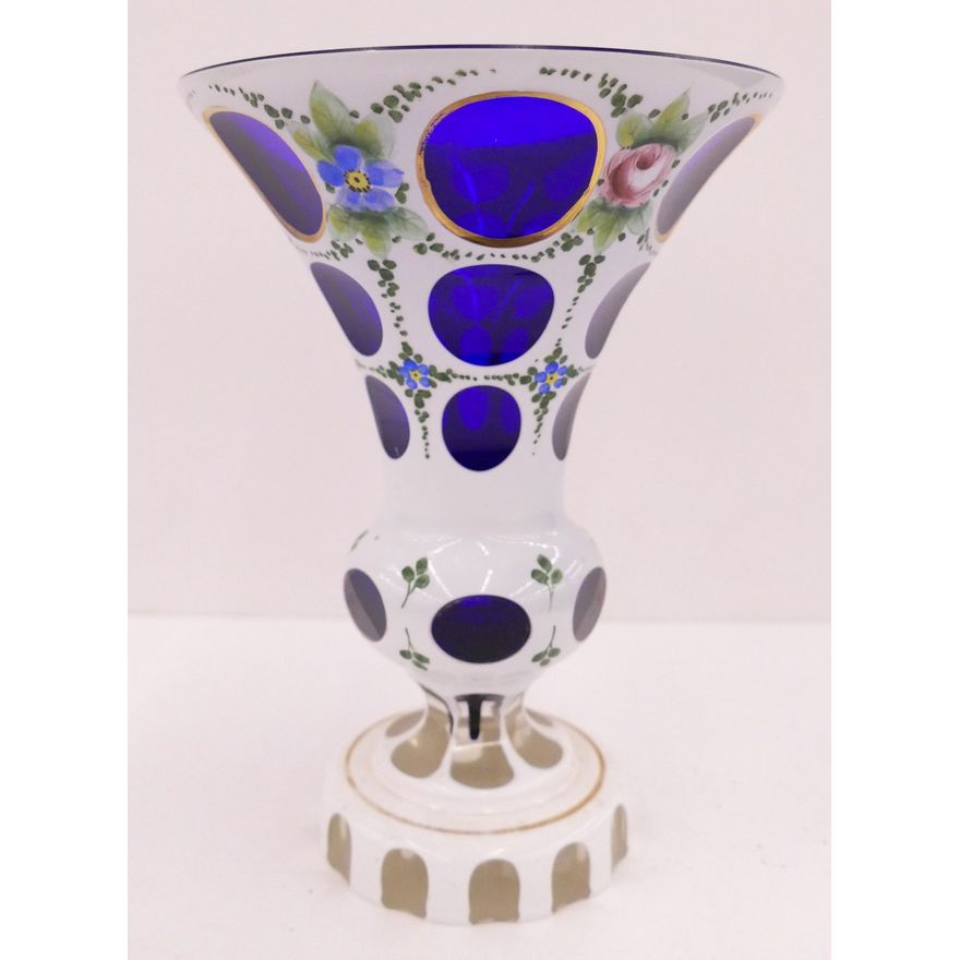 Bohemian Cut Overlay Enameled Glass Vase- 7''