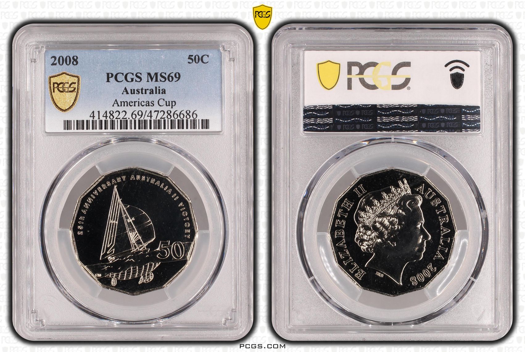 163 · Elizabeth II, Americas Cup, Fifty Cent, 2008, PCGS MS69