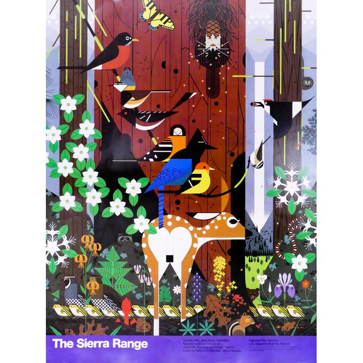 Charley Harper National Park Service 'The Sierra Range' Poster, 1990. Poster measures 39x29''. Excellent condition.