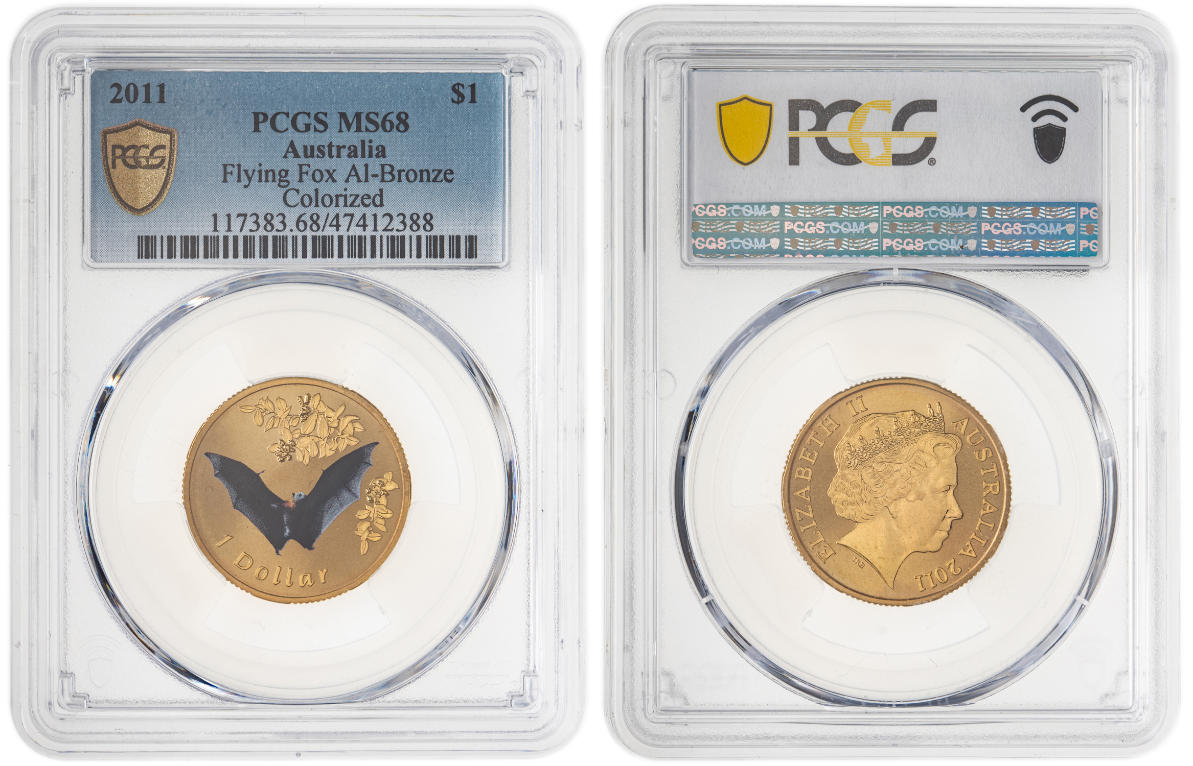 Elizabeth II, Flying Fox Al-Bronze Colorized, One Dollar, 2011, PCGS MS68