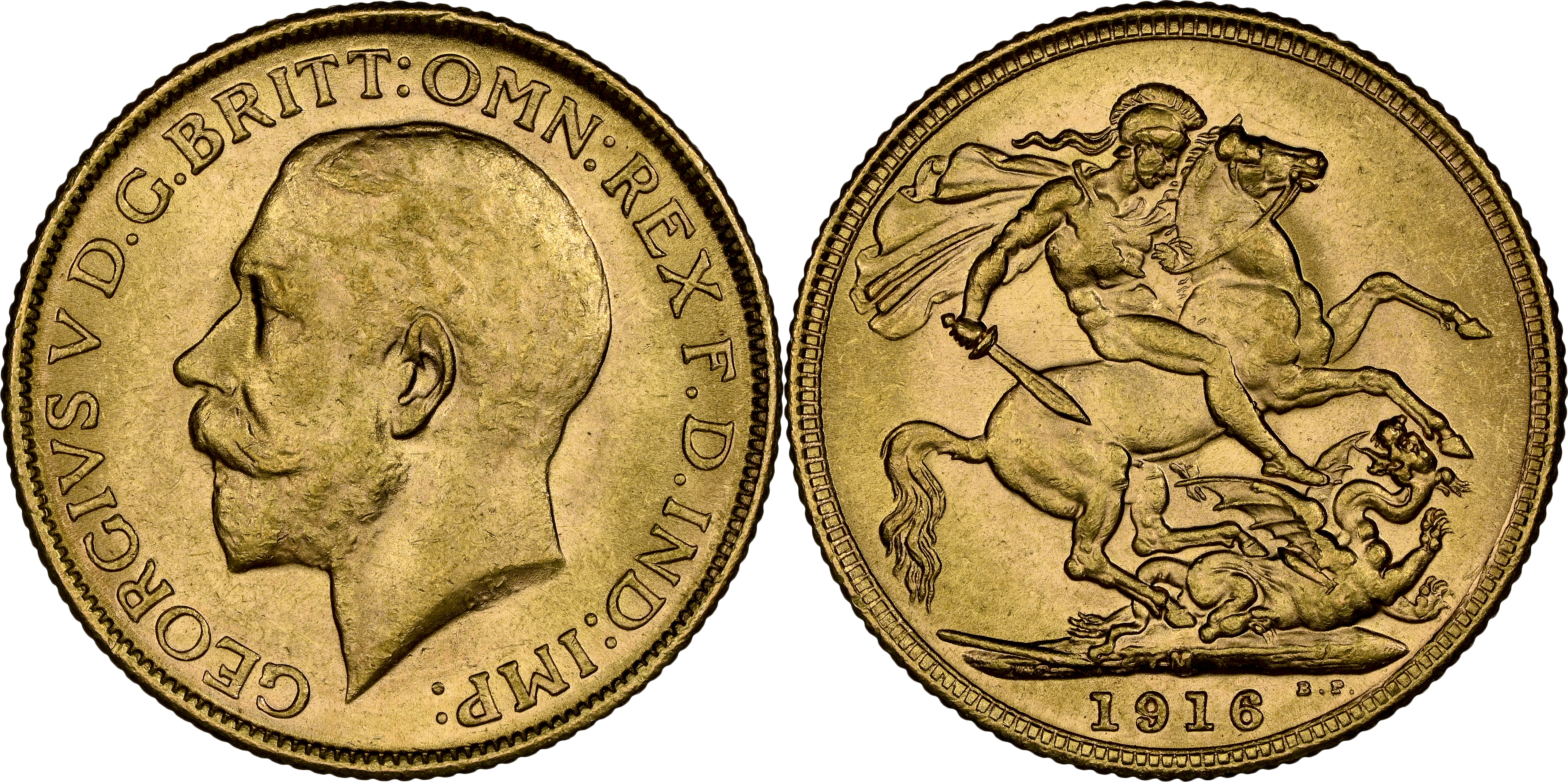 85 · George V, St George Reverse, Sovereign, 1916-M, NGC MS63