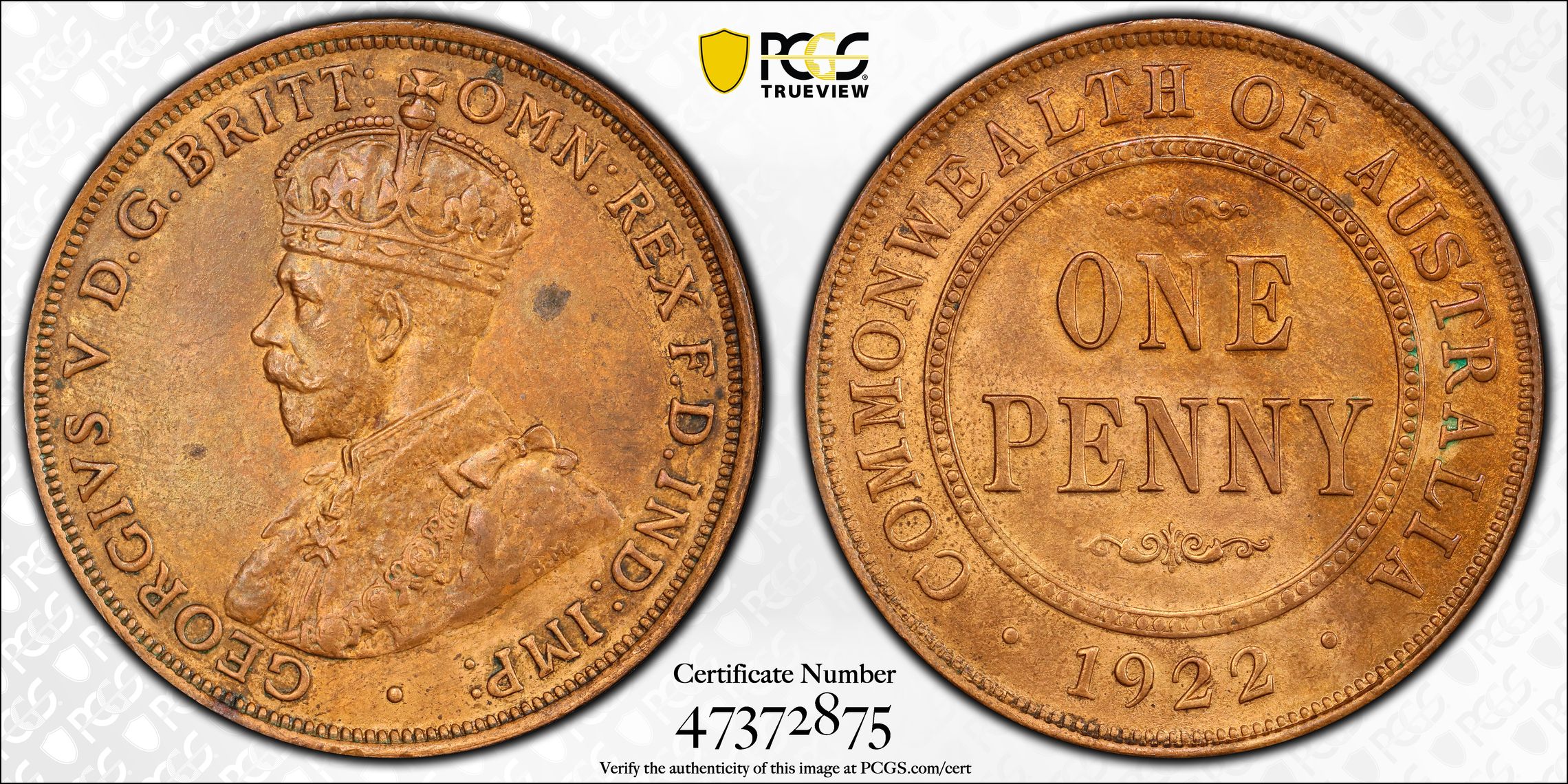George V, Indian Obverse, Penny, 1922, PCGS MS63BN