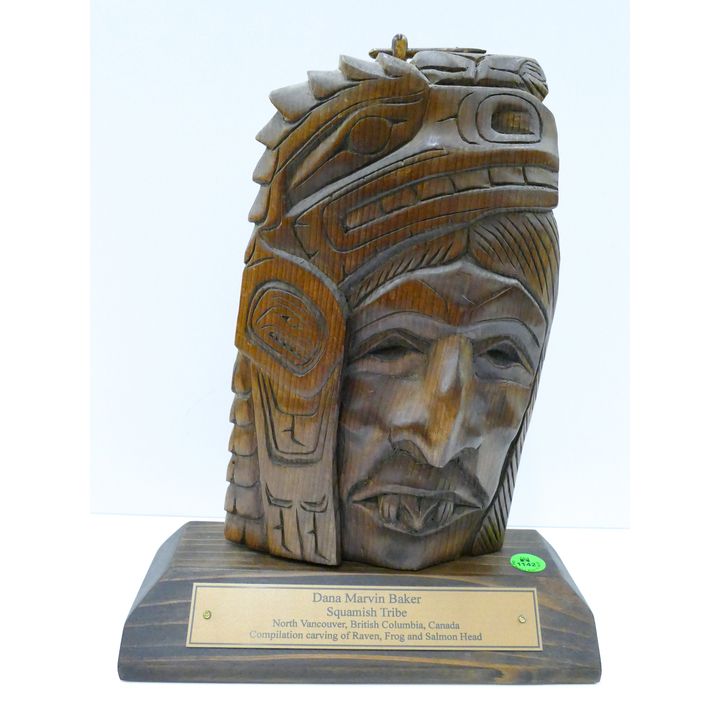 Dana Marvin Baker (Squamish) ''Raven Frog Salmon Head'' Cedar Plaque