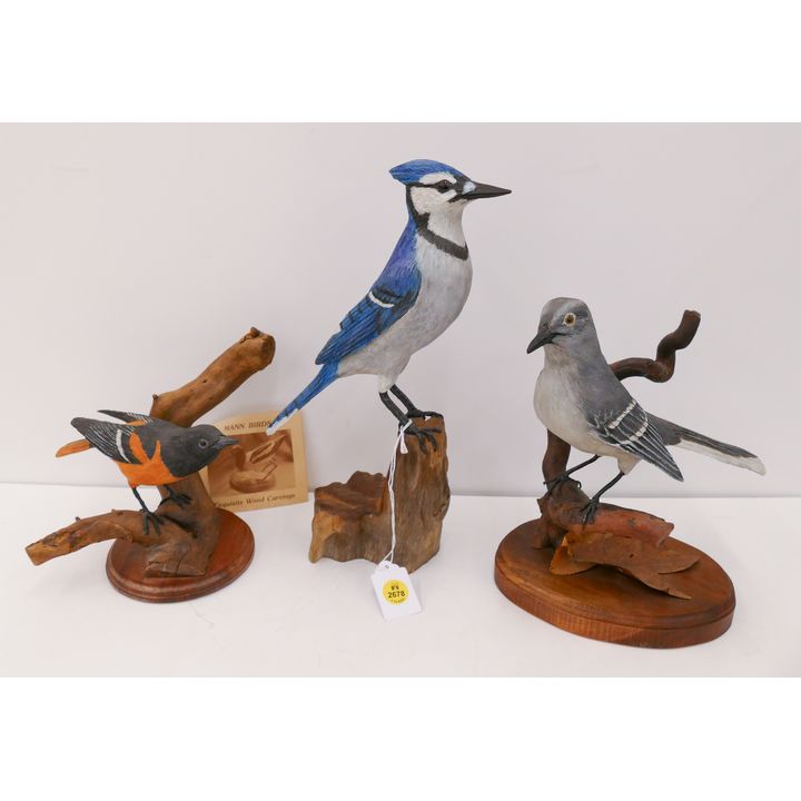 3pc Joseph Mann Carved Wood Bird Sculptures- tallest 12''