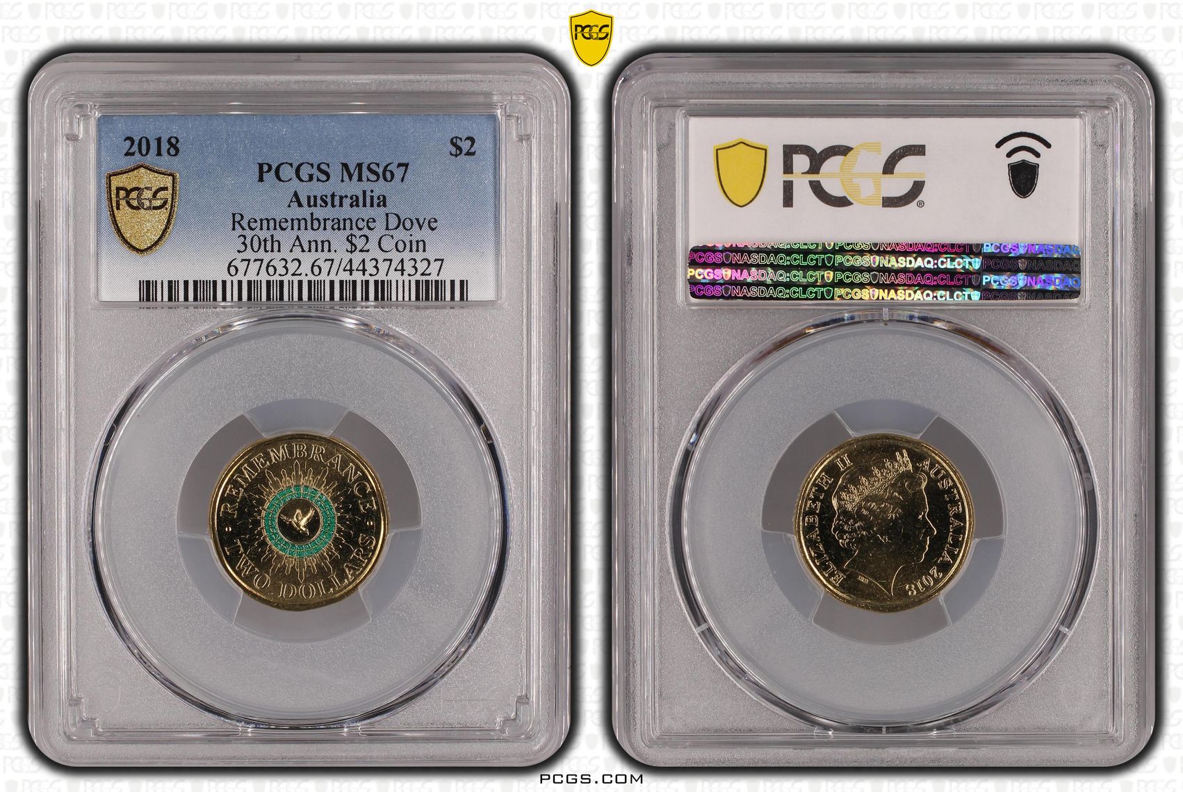 Remembrance Dove Colorized 30th Ann. $2 Coin, Two Dollar, 2018, PCGS MS67