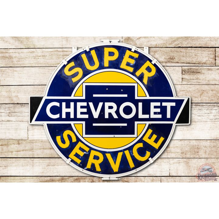 5' Super Chevrolet Service Black-Tip Porcelain Sign & Original Ring TAC 7