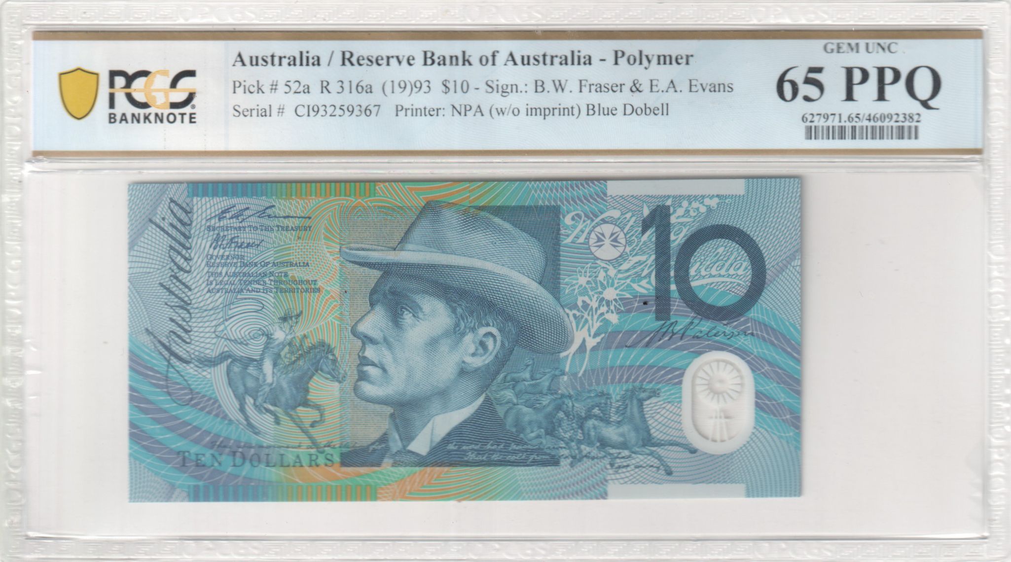 1993 $10 Fraser/Evans Gem Unc 65 PPQ