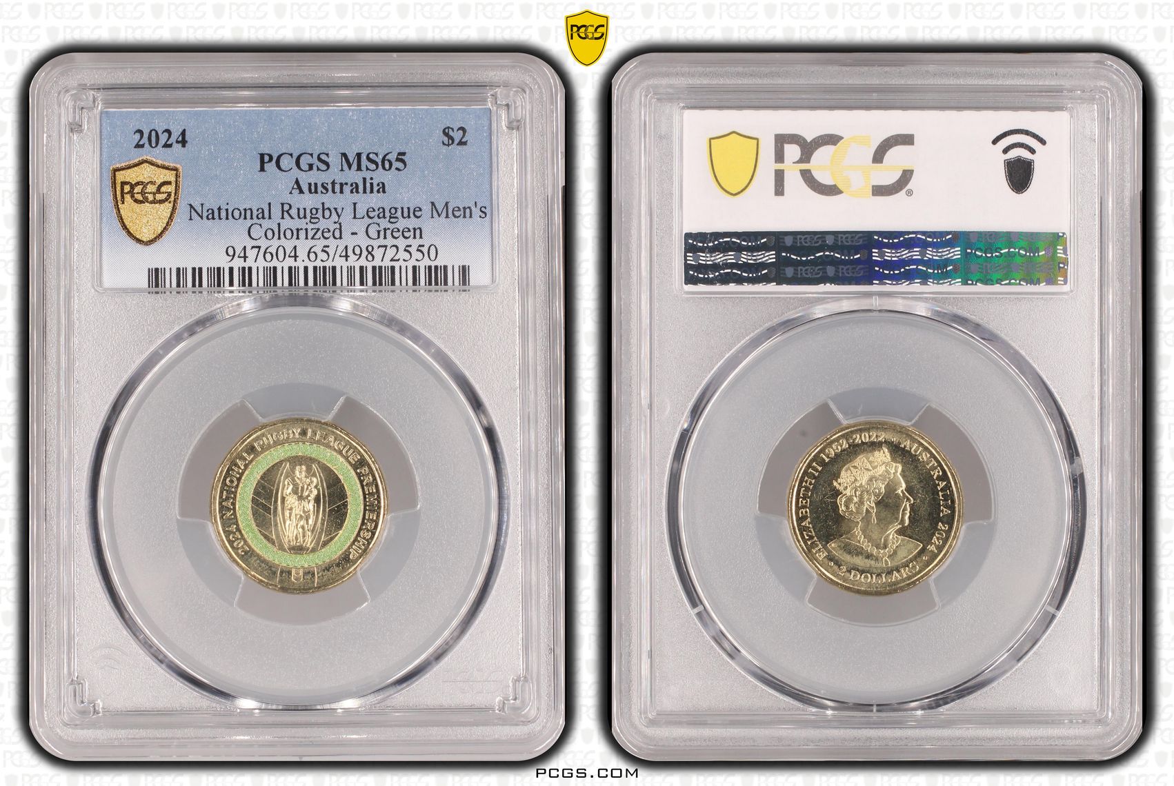 National Rugby League Men's Colorized - Green, Two Dollar, 2024, PCGS MS65