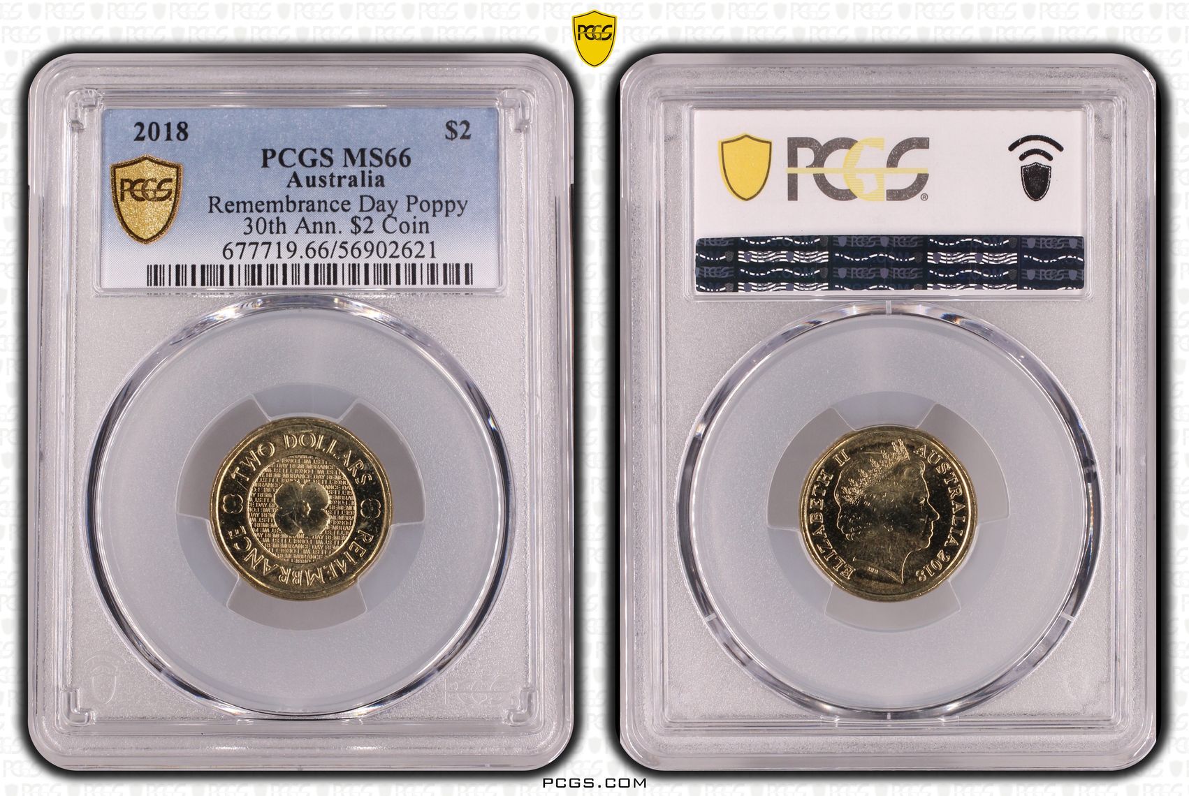 Remembrance Day Poppy 30th Ann. $2 Coin, Two Dollar, 2018, PCGS MS66