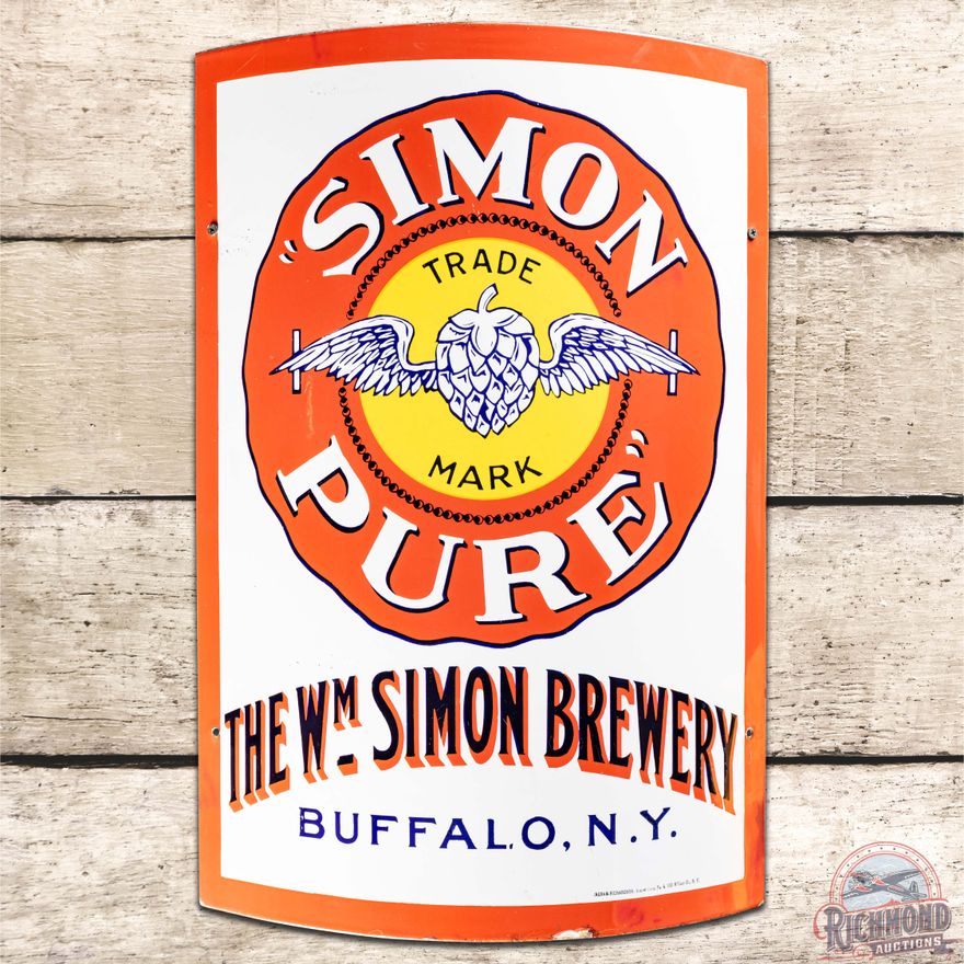 Simon Pure Beer The Wm. Simon Brewery SS Porcelain Curved Sign w/ Winged Hop Logo Buffalo NY