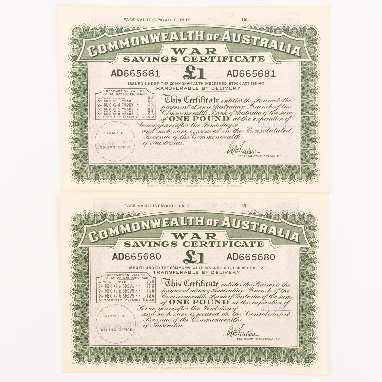 Commonwealth of Australia - War Savings Certificate, One Pound, 1953, gEF