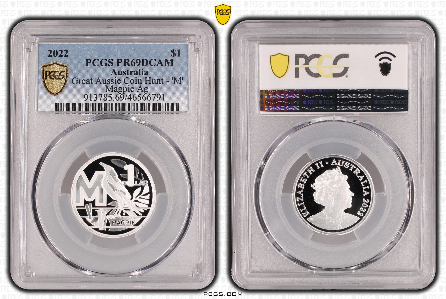 Great Aussie Coin Hunt - 'M' Magpie Silver, One Dollar, 2022, PCGS PR69DCAM