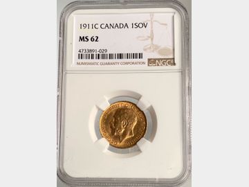 1911 GEORGE V CANADA MINT GOLD SOVEREIGN MS62