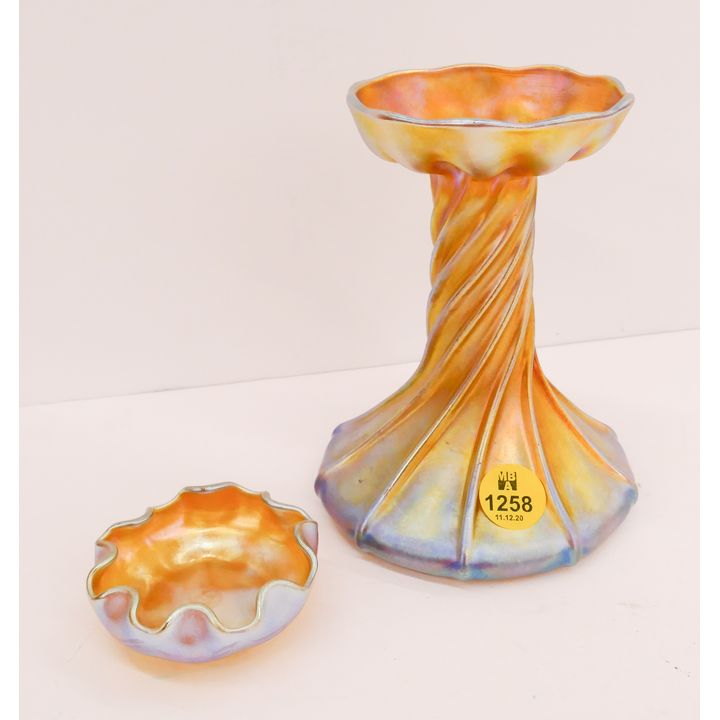 2pc LC Tiffany Favrile Gold Iridescent Candlestick & Salt- 5''
