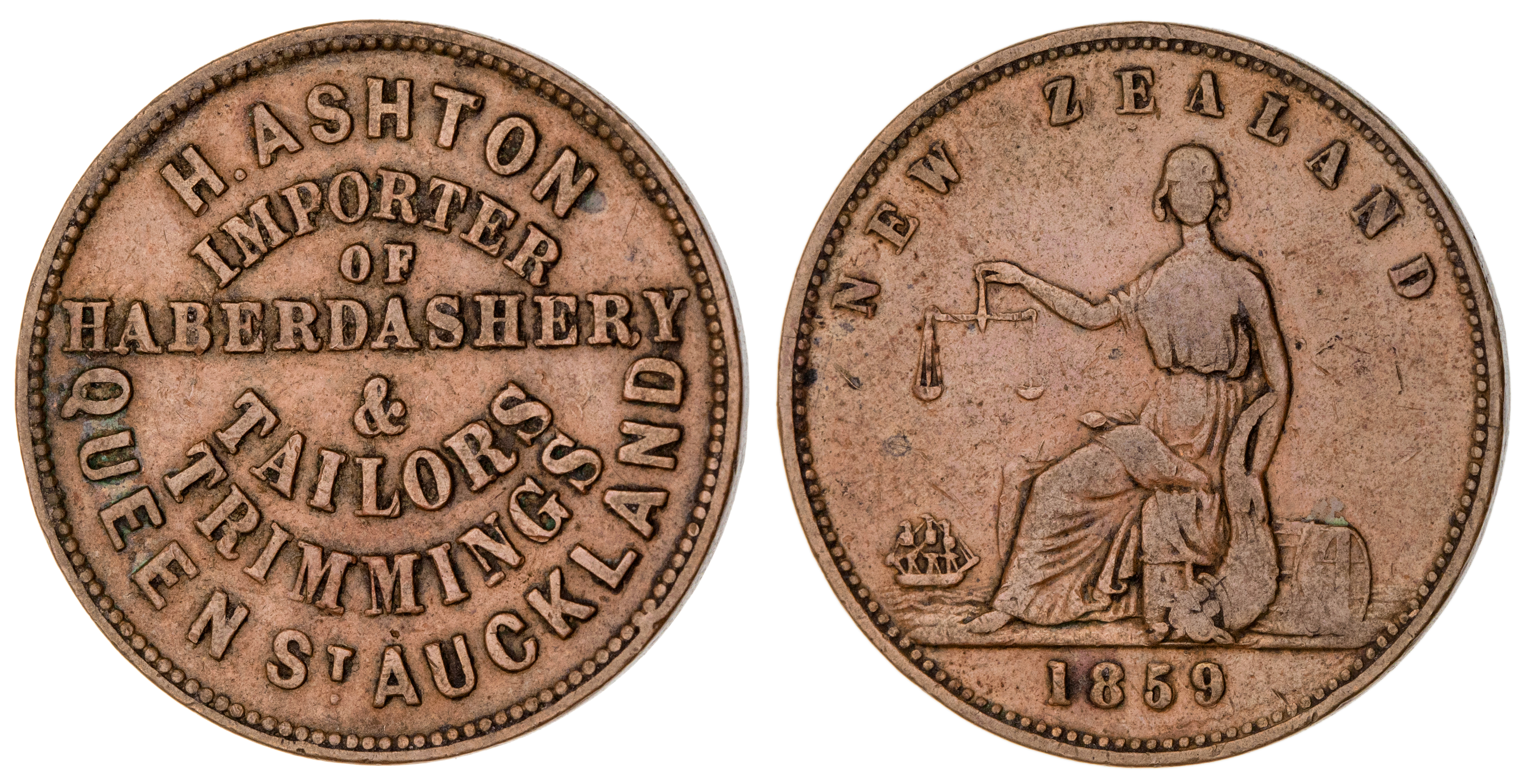 Auckland, New Zealand, H. Ashton, Halfpenny, 1859, gVF