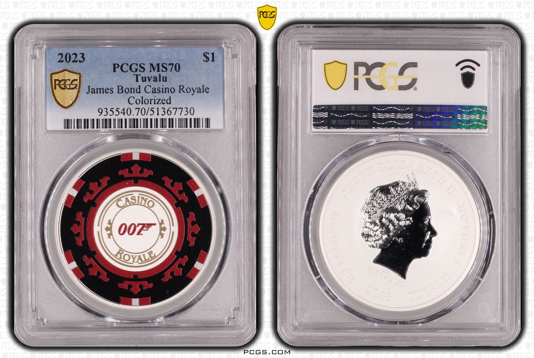 Tuvalu, James Bond Casino Royale Colourised 1oz Silver, One Dollar, 2023, PCGS MS70