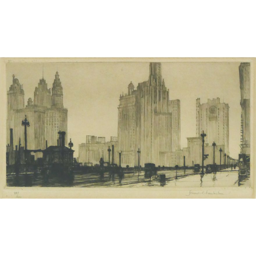 Samuel Chamberlain 'Drizzly Morning, Chicago' Etching, 1929.