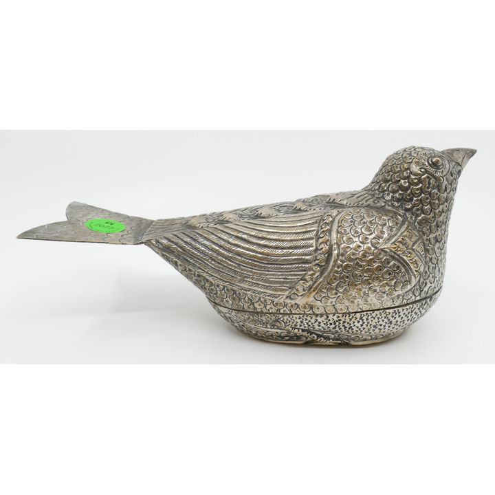 Burmese Repousse Silver Figural Bird Box 9''