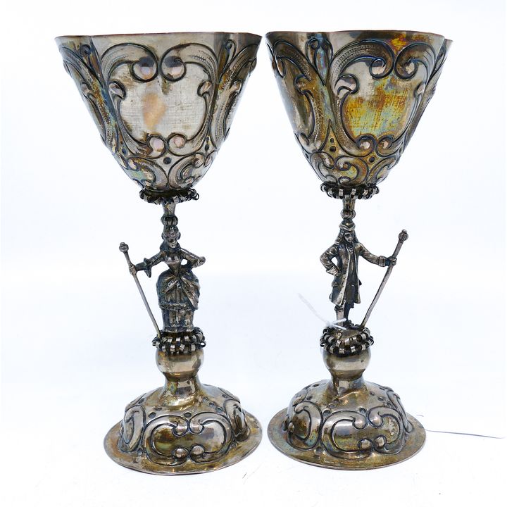 Pair Ornate Hanau Sterling Figural Stem Goblets 6.5''