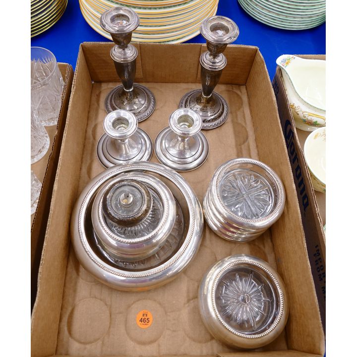 Box Sterling Filled Candlesticks and Coasters