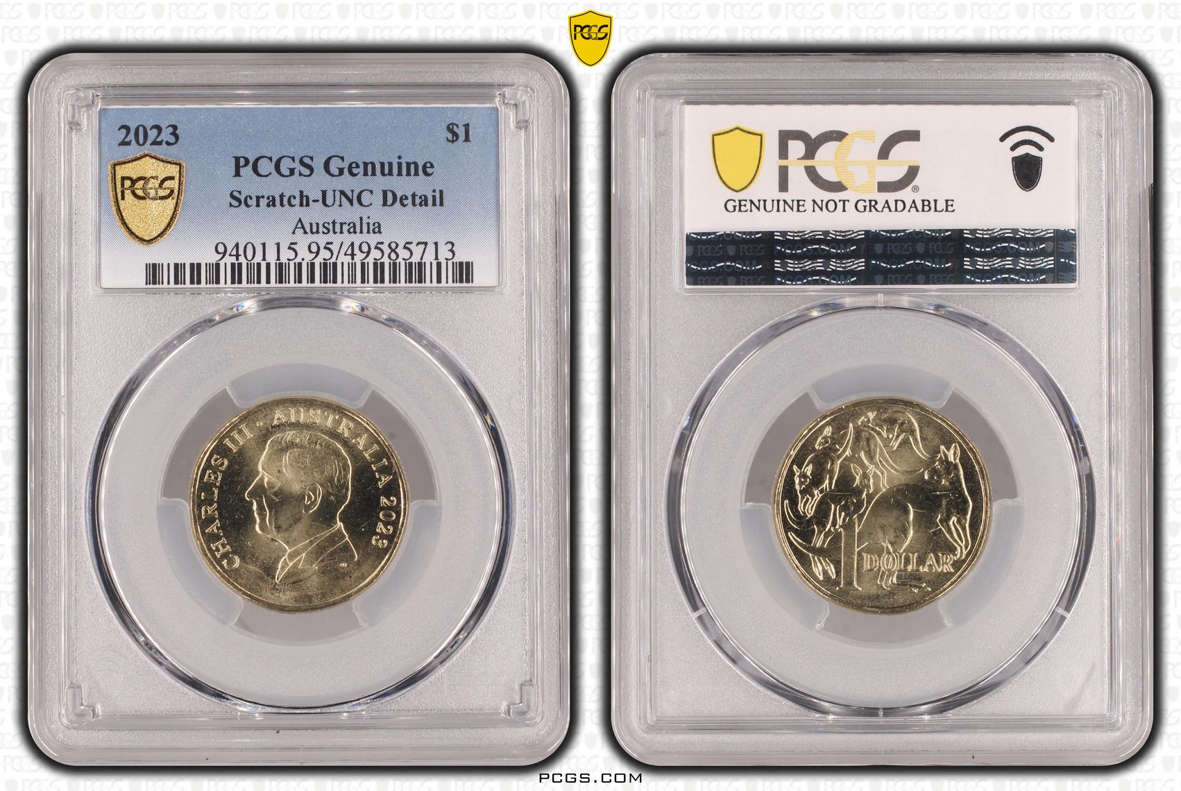 Charles III, One Dollar, 2023, PCGS Genuine - UNC Details (95 - Scratch)