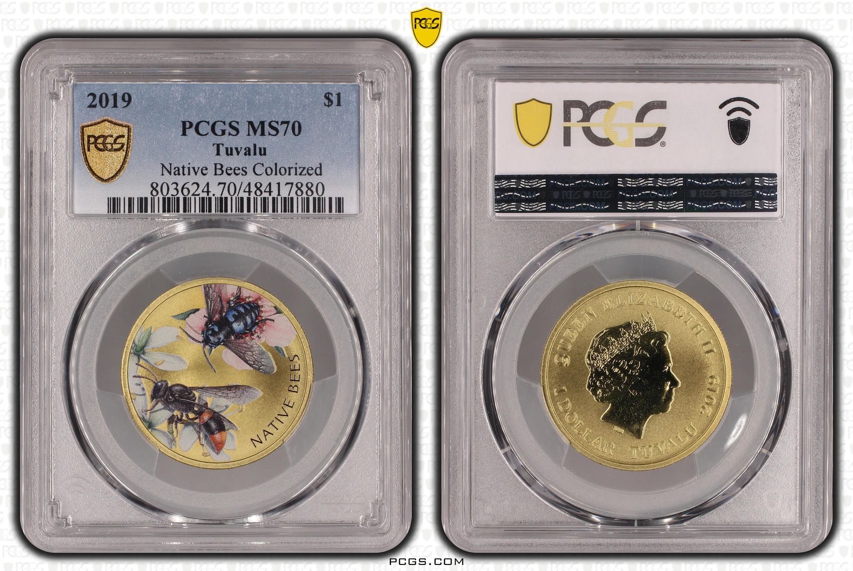 Tuvalu, Native Bees Colorized, POP 15/0, One Dollar, 2019, PCGS MS70