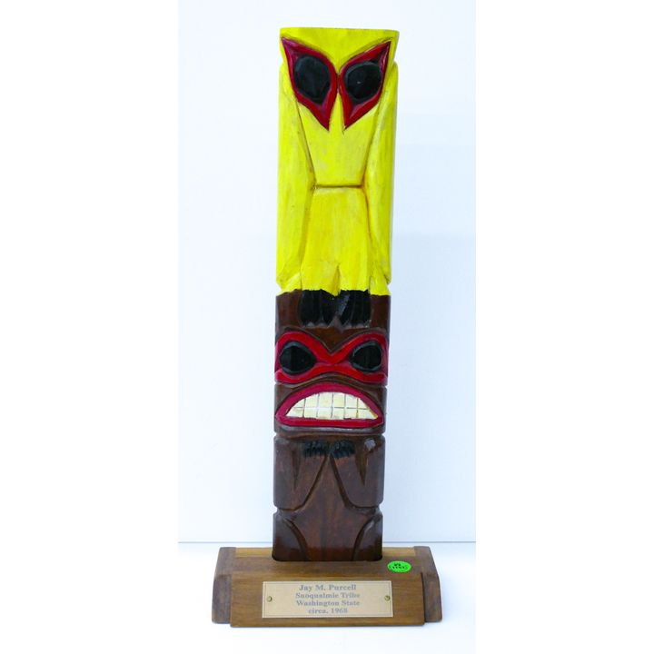 Jay Purcell (Snoqualmie) Totem Plaque 1968 Carved Cedar on Stand 18''