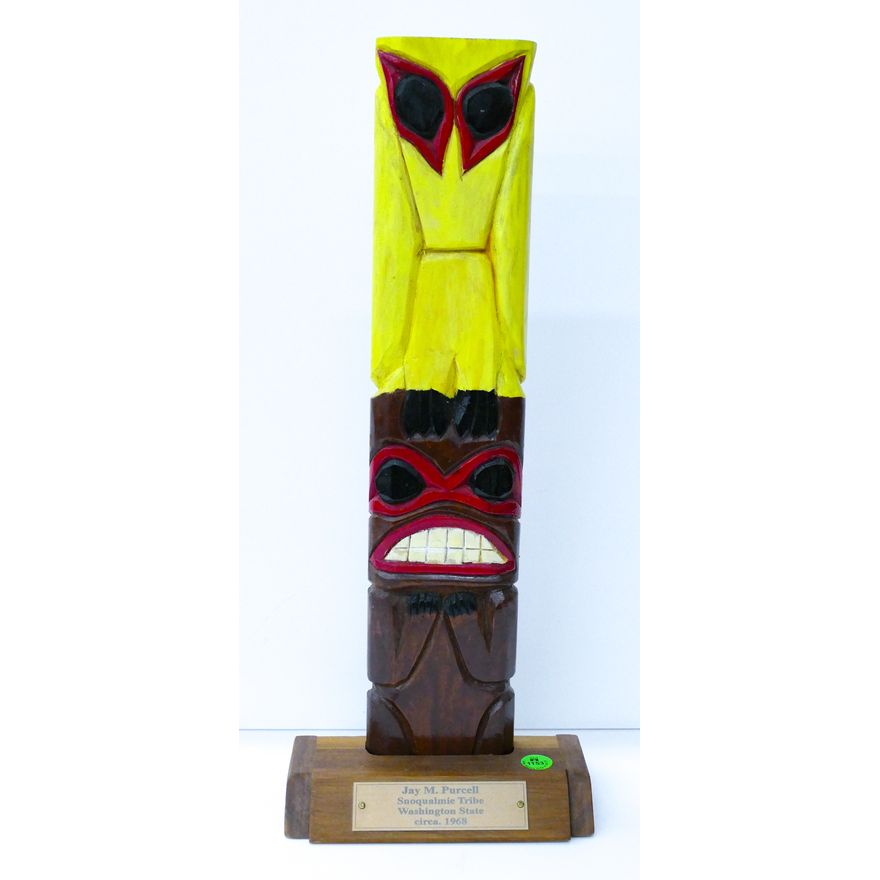 Jay Purcell (Snoqualmie) Totem Plaque 1968 Carved Cedar on Stand 18''