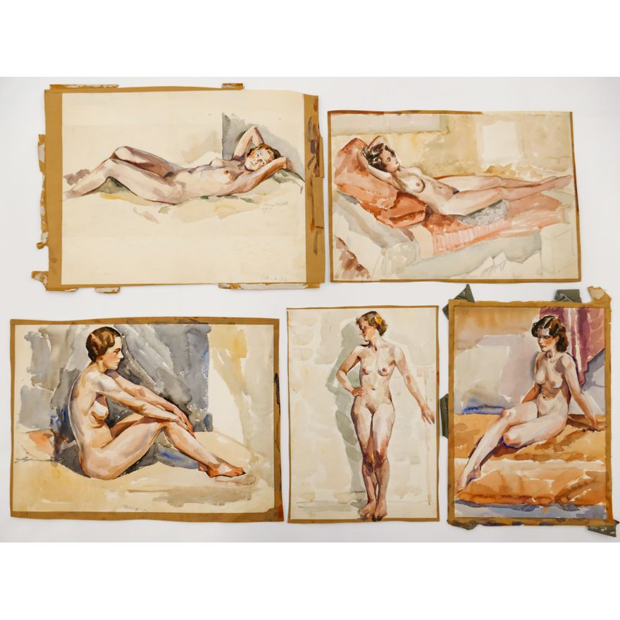 5pc Harry Bonath 1930's Female Nude Watercolors on Paper - Largest 14''x19.5''