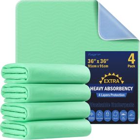 4 PACK 36 X 36 EXTRA HEAVY ABSORBENCY WASHABLE UNDERPADS, WATERPROOF QUICK DRYING NURSING PADS INCONTINENCE BED PADS, REUSABLE WAS