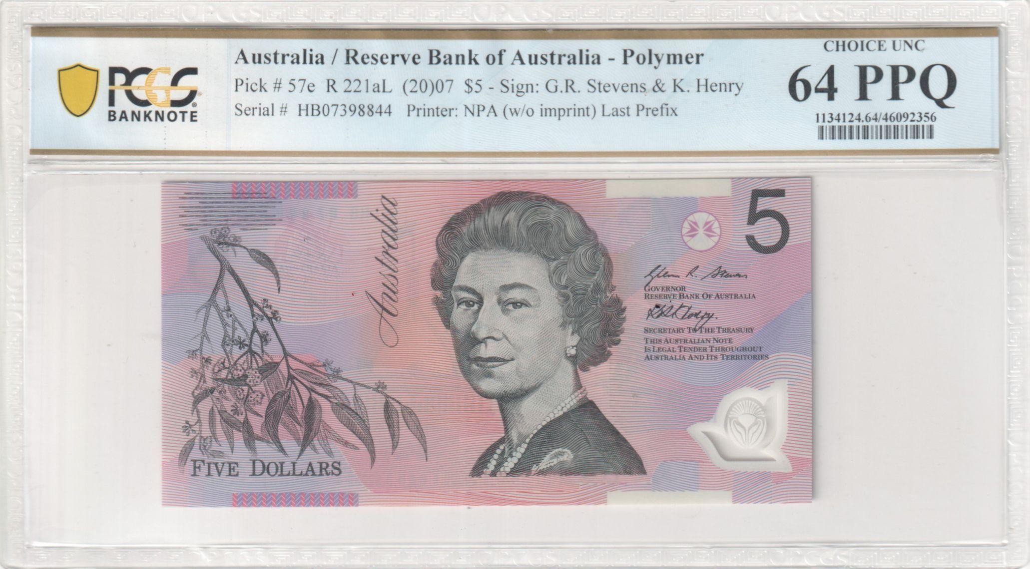 139 · RBA, Polymer, NPA (w/o imprint), Sign: G.R. Stevens & K. Henry, Last Prefix, Five Dollar, 2007, PCGS - Choice UNC 64 PPQ