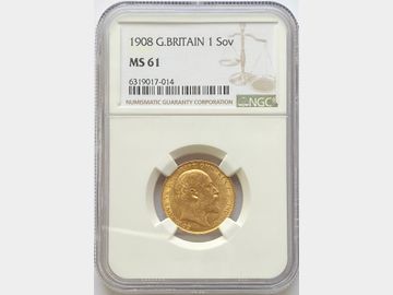 1908 EDWARD VII LONDON MINT GOLD SOVEREIGN MS61