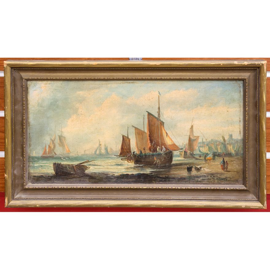Antique G. Caltuvit ''Boats Ashore'' Oil Painting Framed 11''x18.5''